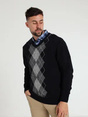 V-Neck Sweater with Diamond Print - Navy