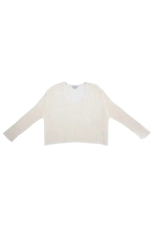 Variegated rib V neck sweater