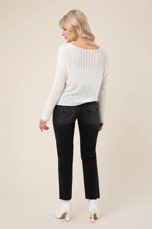 Variegated rib V neck sweater