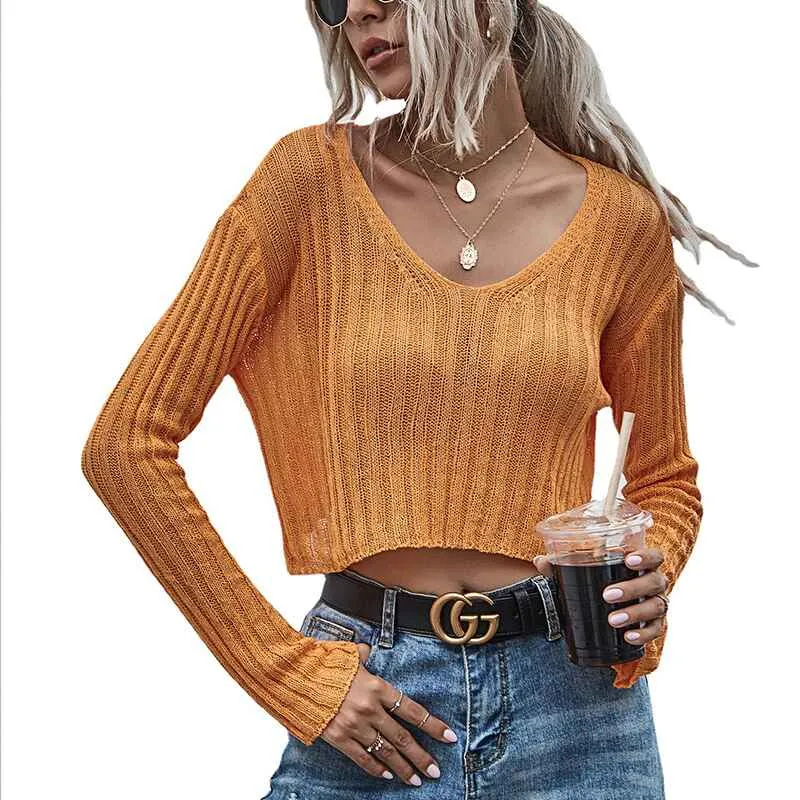 Women Sexy V Neck Semi-Sheer Long Sleeve Shirts Cool Pullover Tops K300