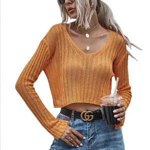 Women Sexy V Neck Semi-Sheer Long Sleeve Shirts Cool Pullover Tops K300