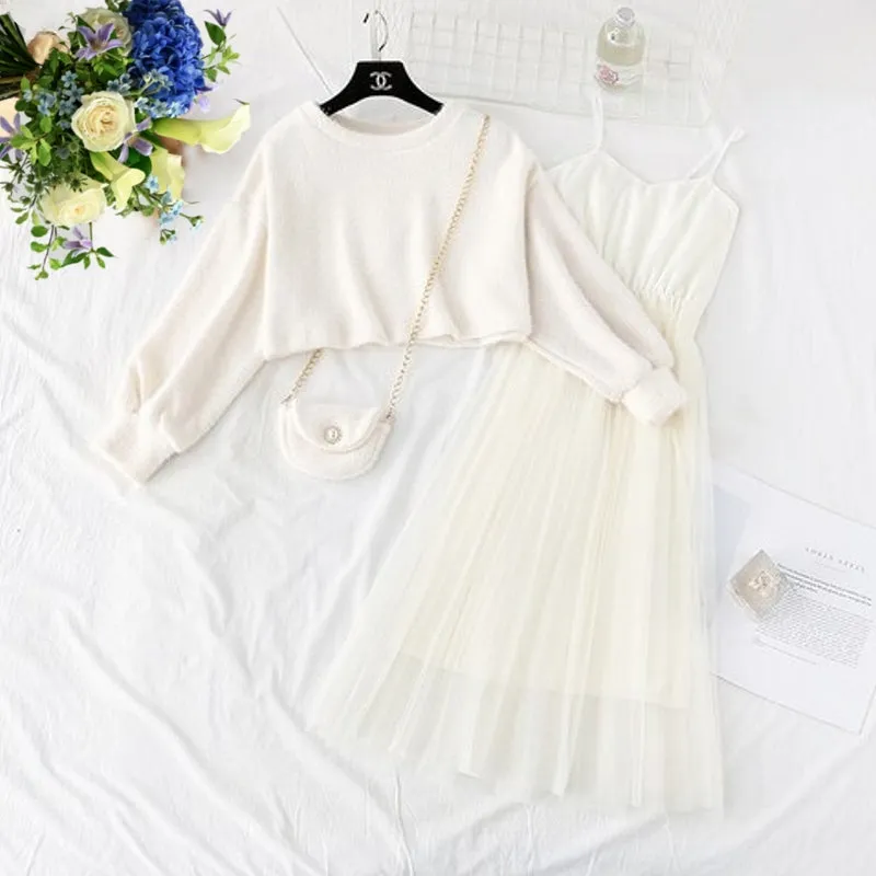 Women Sweet Two Pieces Suit Knitted Sweater O Neck Sweaters and Dress Set