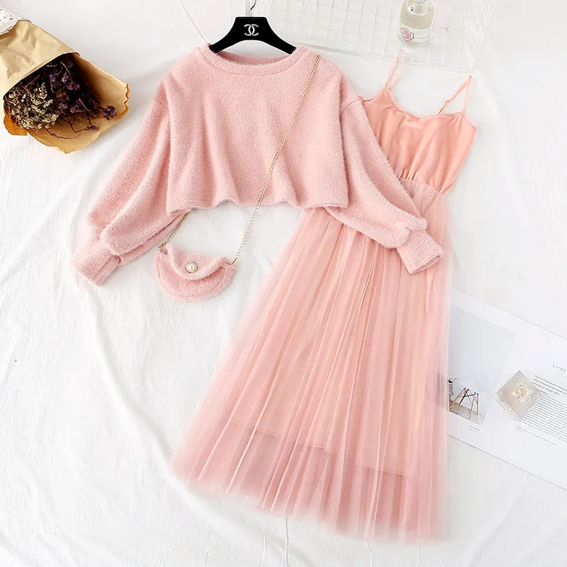 Women Sweet Two Pieces Suit Knitted Sweater O Neck Sweaters and Dress Set