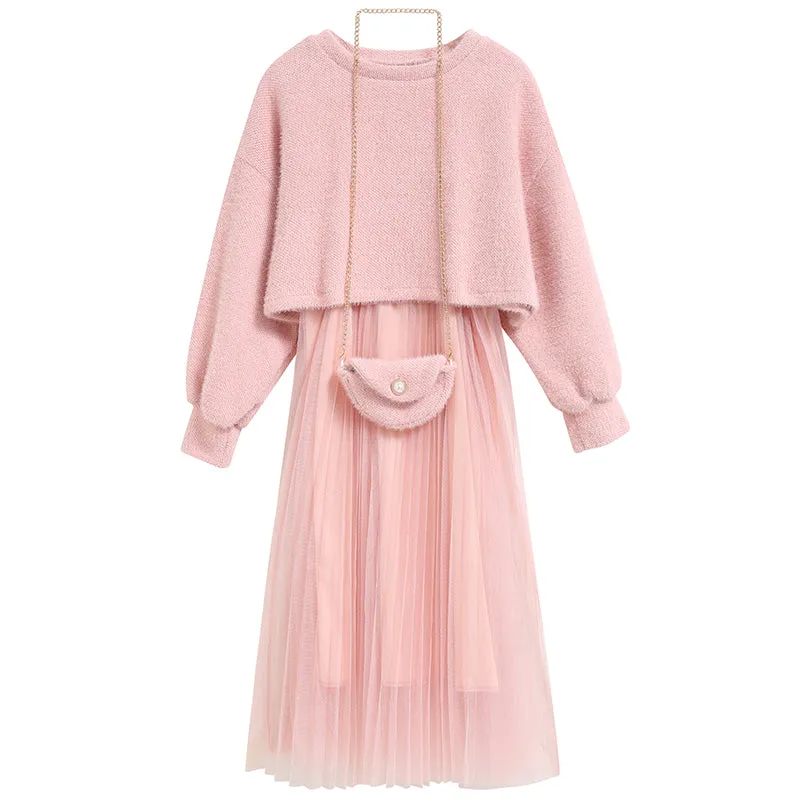 Women Sweet Two Pieces Suit Knitted Sweater O Neck Sweaters and Dress Set