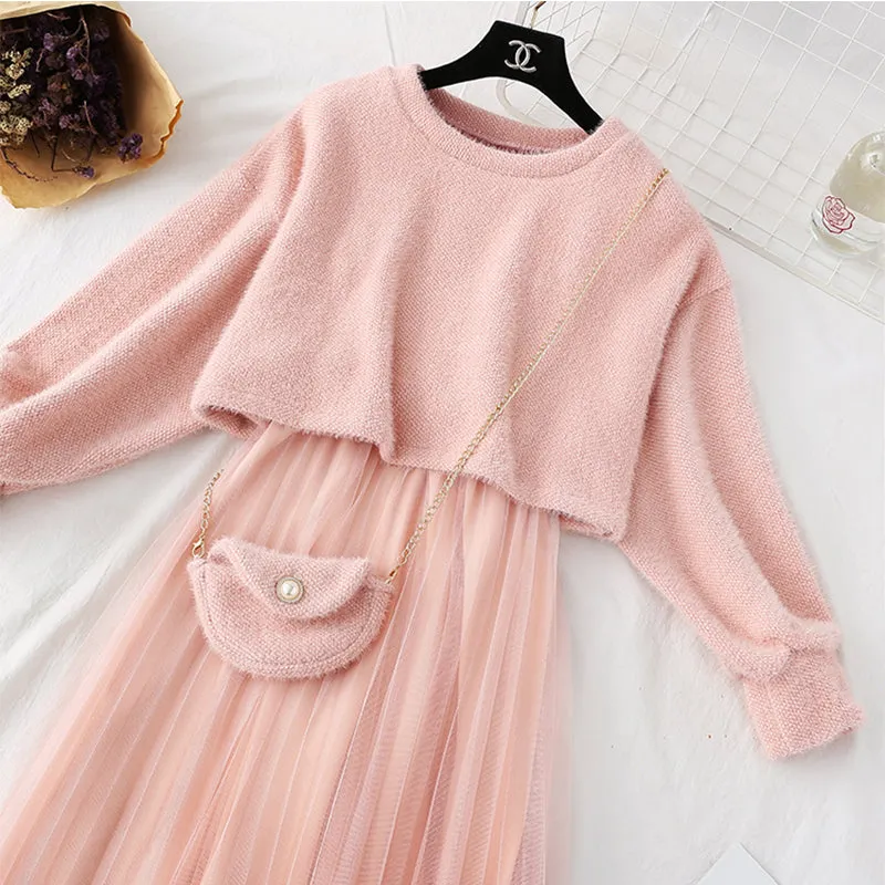 Women Sweet Two Pieces Suit Knitted Sweater O Neck Sweaters and Dress Set