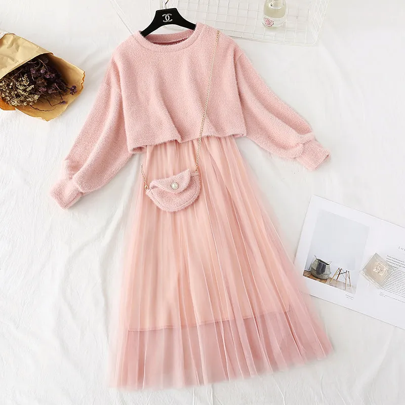 Women Sweet Two Pieces Suit Knitted Sweater O Neck Sweaters and Dress Set