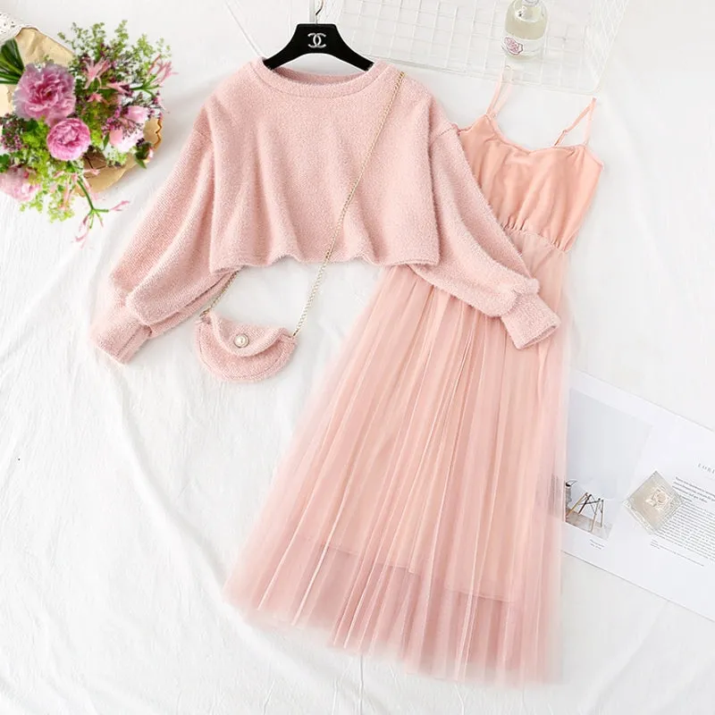 Women Sweet Two Pieces Suit Knitted Sweater O Neck Sweaters and Dress Set