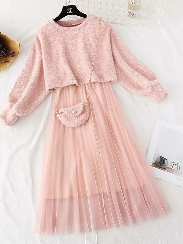 Women Sweet Two Pieces Suit Knitted Sweater O Neck Sweaters and Dress Set