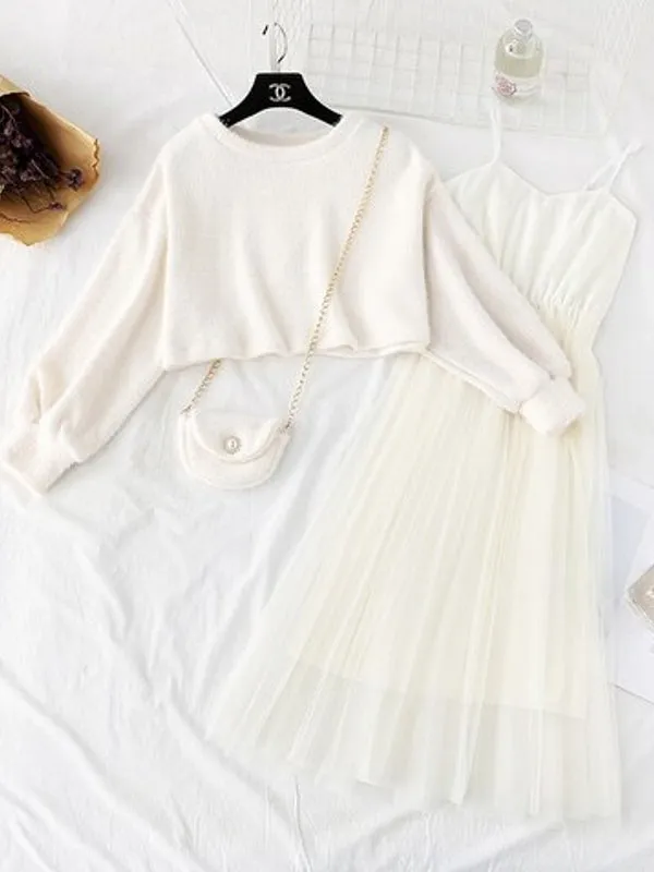 Women Sweet Two Pieces Suit Knitted Sweater O Neck Sweaters and Dress Set