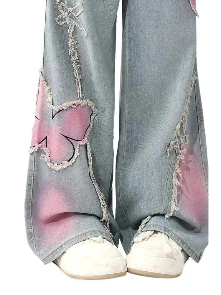 Women's Butterfly Patch Baggy Jeans – Y2K Harajuku Wide Leg Denim Pants From Kawaii Stop