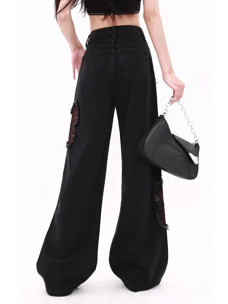 Women's Butterfly Patch Baggy Jeans – Y2K Harajuku Wide Leg Denim Pants From Kawaii Stop