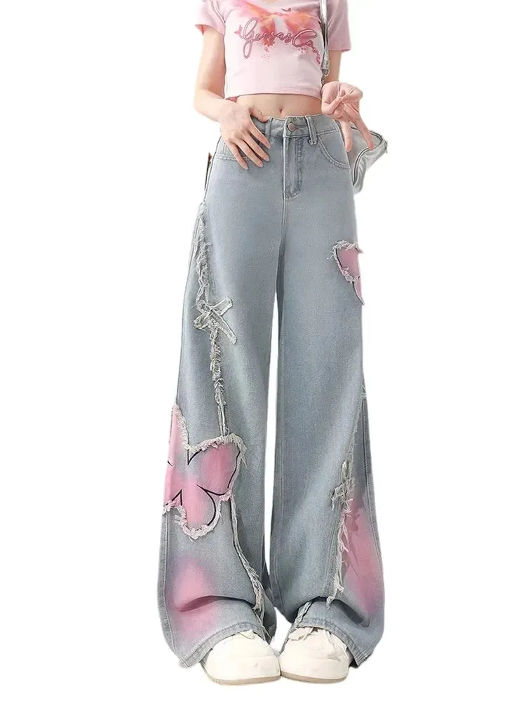 Women's Butterfly Patch Baggy Jeans – Y2K Harajuku Wide Leg Denim Pants From Kawaii Stop