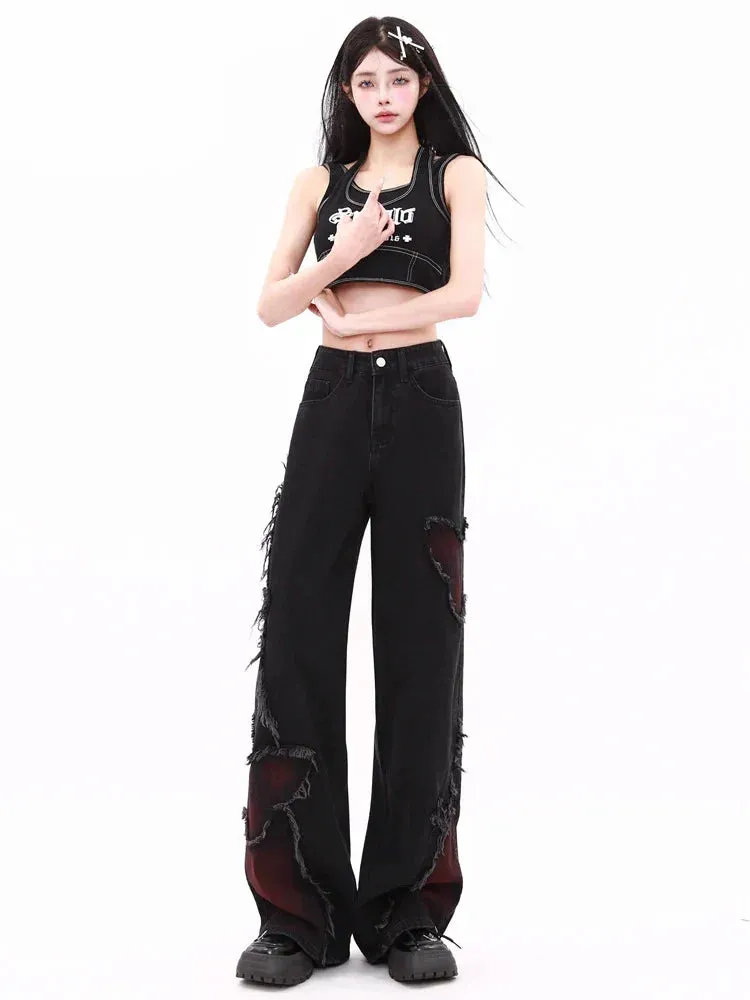 Women's Butterfly Patch Baggy Jeans – Y2K Harajuku Wide Leg Denim Pants From Kawaii Stop