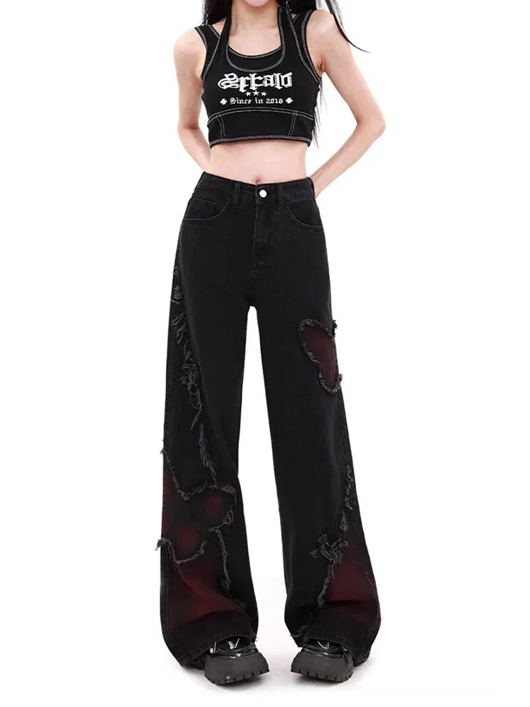 Women's Butterfly Patch Baggy Jeans – Y2K Harajuku Wide Leg Denim Pants From Kawaii Stop