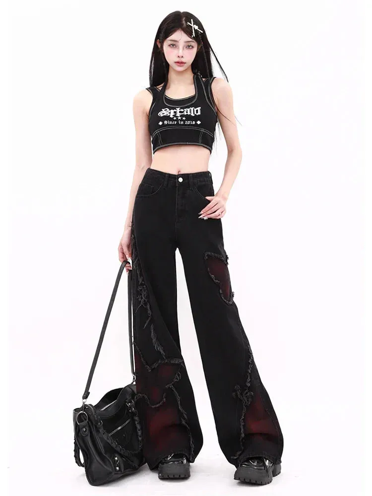 Women's Butterfly Patch Baggy Jeans – Y2K Harajuku Wide Leg Denim Pants From Kawaii Stop