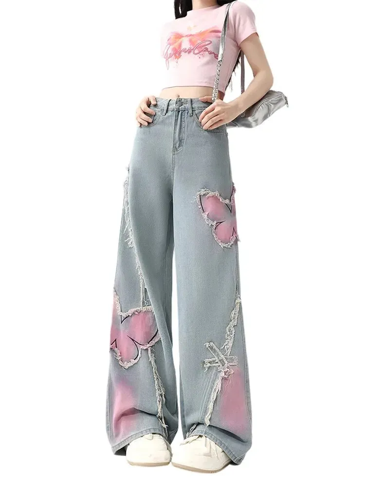 Women's Butterfly Patch Baggy Jeans – Y2K Harajuku Wide Leg Denim Pants From Kawaii Stop