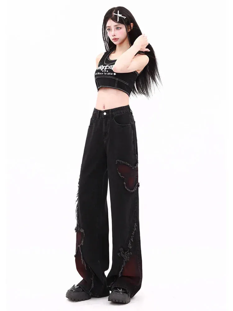 Women's Butterfly Patch Baggy Jeans – Y2K Harajuku Wide Leg Denim Pants From Kawaii Stop