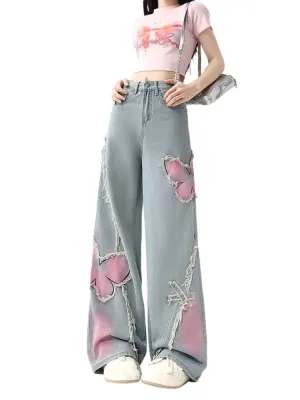 Women's Butterfly Patch Baggy Jeans – Y2K Harajuku Wide Leg Denim Pants From Kawaii Stop