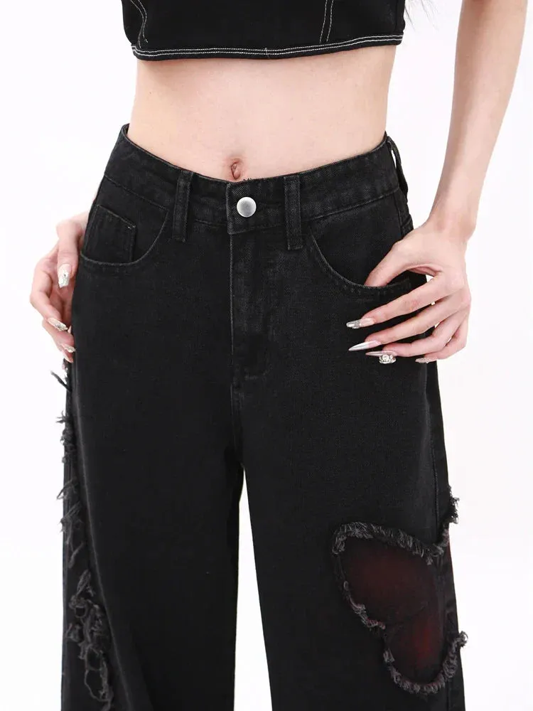 Women's Butterfly Patch Baggy Jeans – Y2K Harajuku Wide Leg Denim Pants From Kawaii Stop