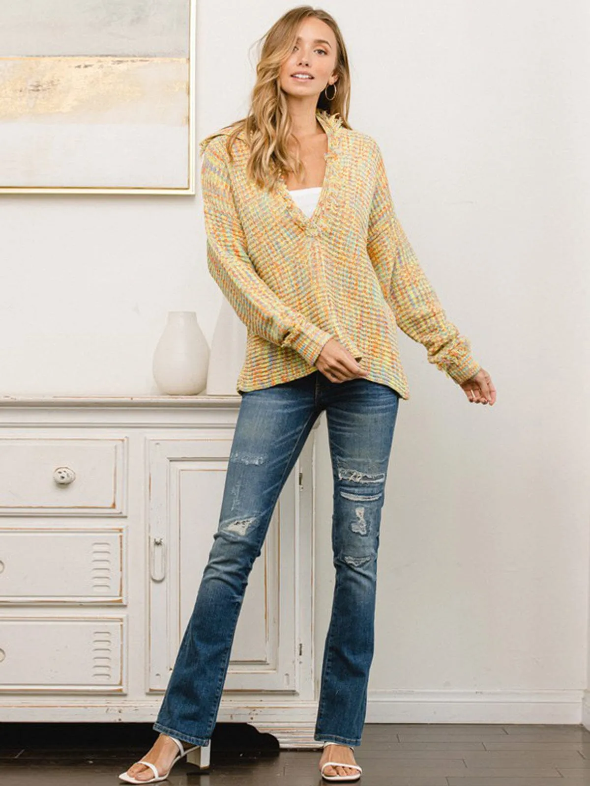 WOMEN'S LONG SLEEVE V-NECK COLLAR MULTI COLOR SWEATER