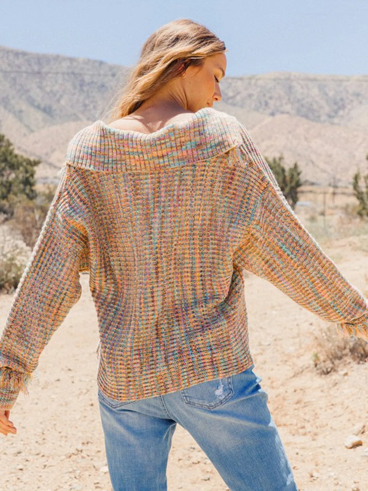 WOMEN'S LONG SLEEVE V-NECK COLLAR MULTI COLOR SWEATER