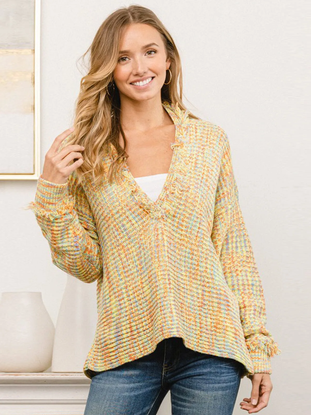 WOMEN'S LONG SLEEVE V-NECK COLLAR MULTI COLOR SWEATER