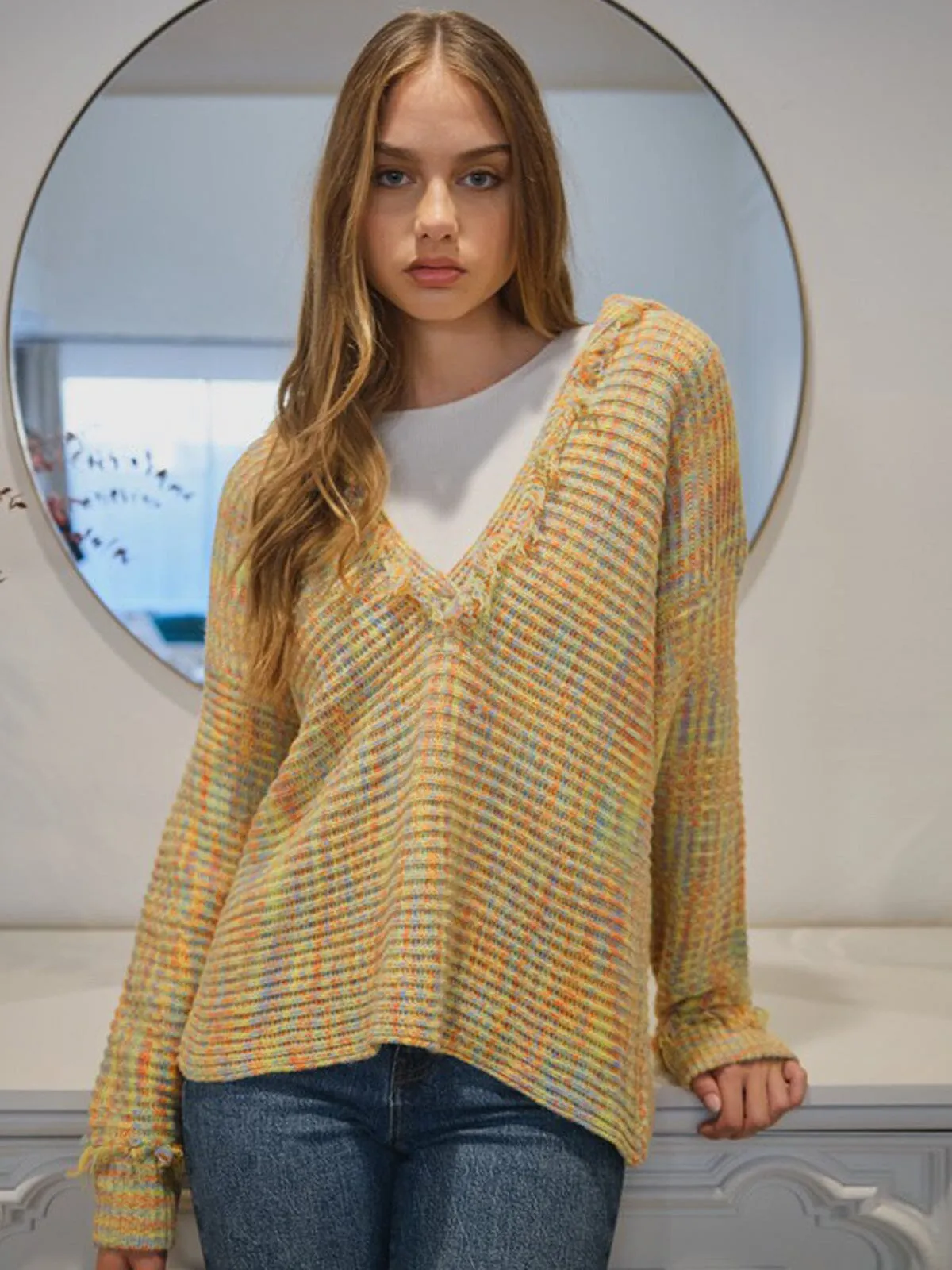 WOMEN'S LONG SLEEVE V-NECK COLLAR MULTI COLOR SWEATER