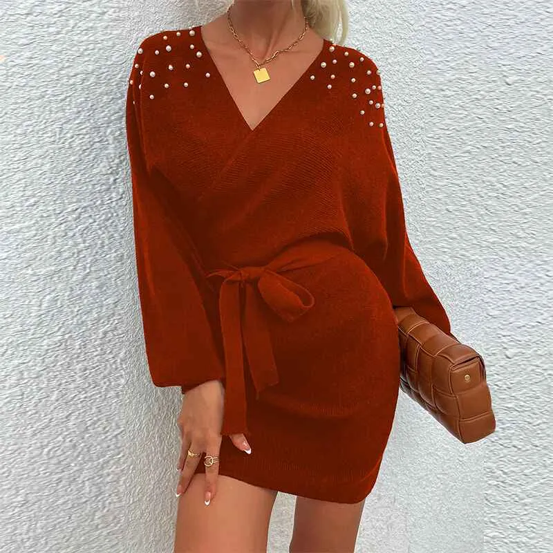 Women's Sexy Cocktail Batwing Long Sleeve Backless Mock Wrap Knit Sweater Mini Dress K299