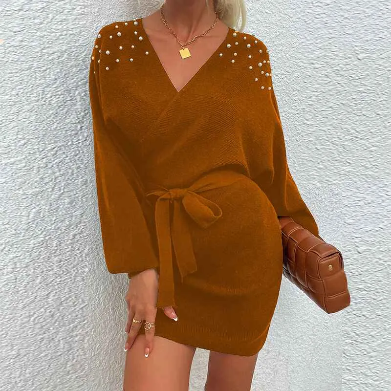 Women's Sexy Cocktail Batwing Long Sleeve Backless Mock Wrap Knit Sweater Mini Dress K299