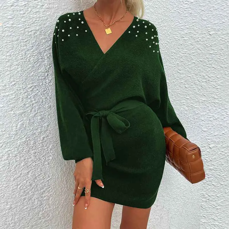 Women's Sexy Cocktail Batwing Long Sleeve Backless Mock Wrap Knit Sweater Mini Dress K299