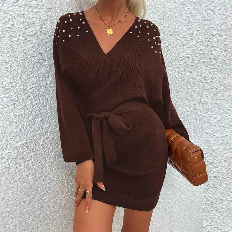 Women's Sexy Cocktail Batwing Long Sleeve Backless Mock Wrap Knit Sweater Mini Dress K299