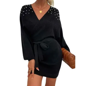 Women's Sexy Cocktail Batwing Long Sleeve Backless Mock Wrap Knit Sweater Mini Dress K299